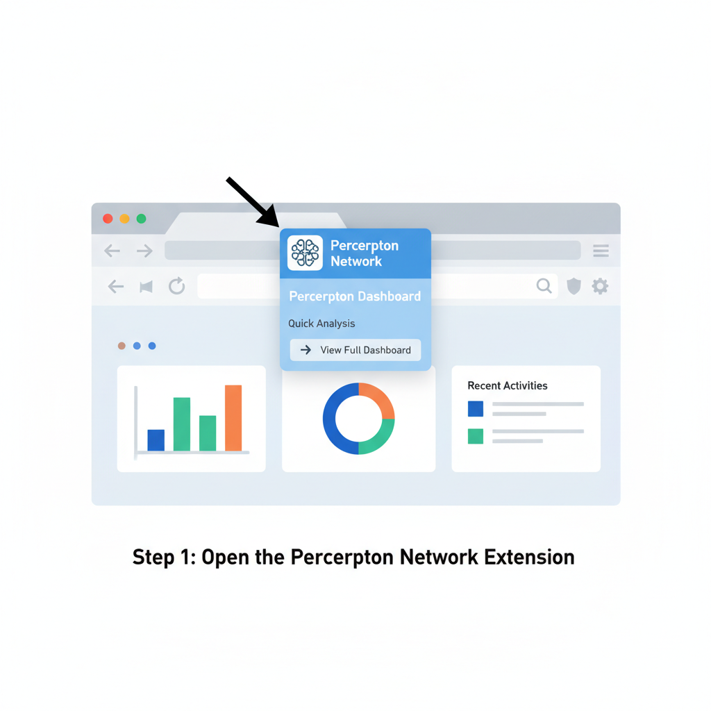 Chrome toolbar with Perceptron Network icon pinned, extension popup opening, modern dashboard preview