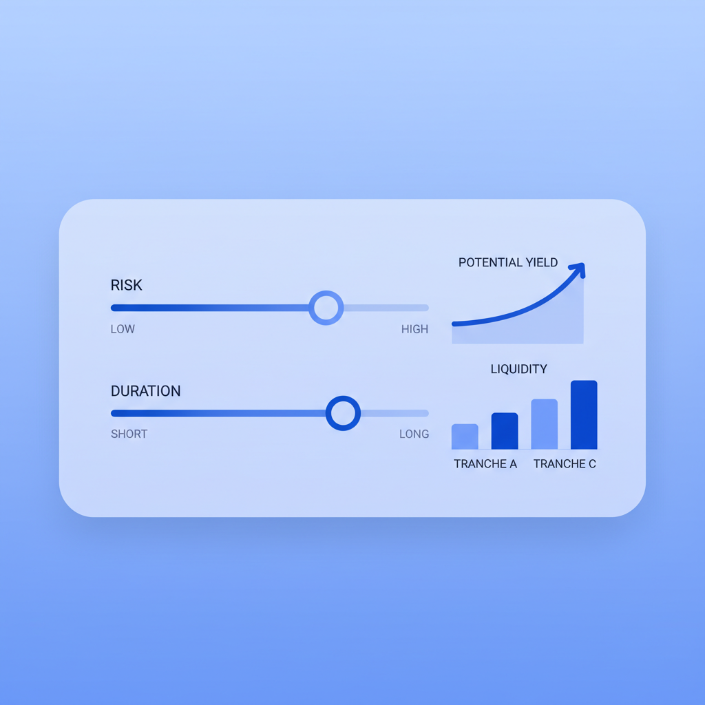 DeFi vault tranche selection sliders for risk and duration, charts and graphs, professional blue tones