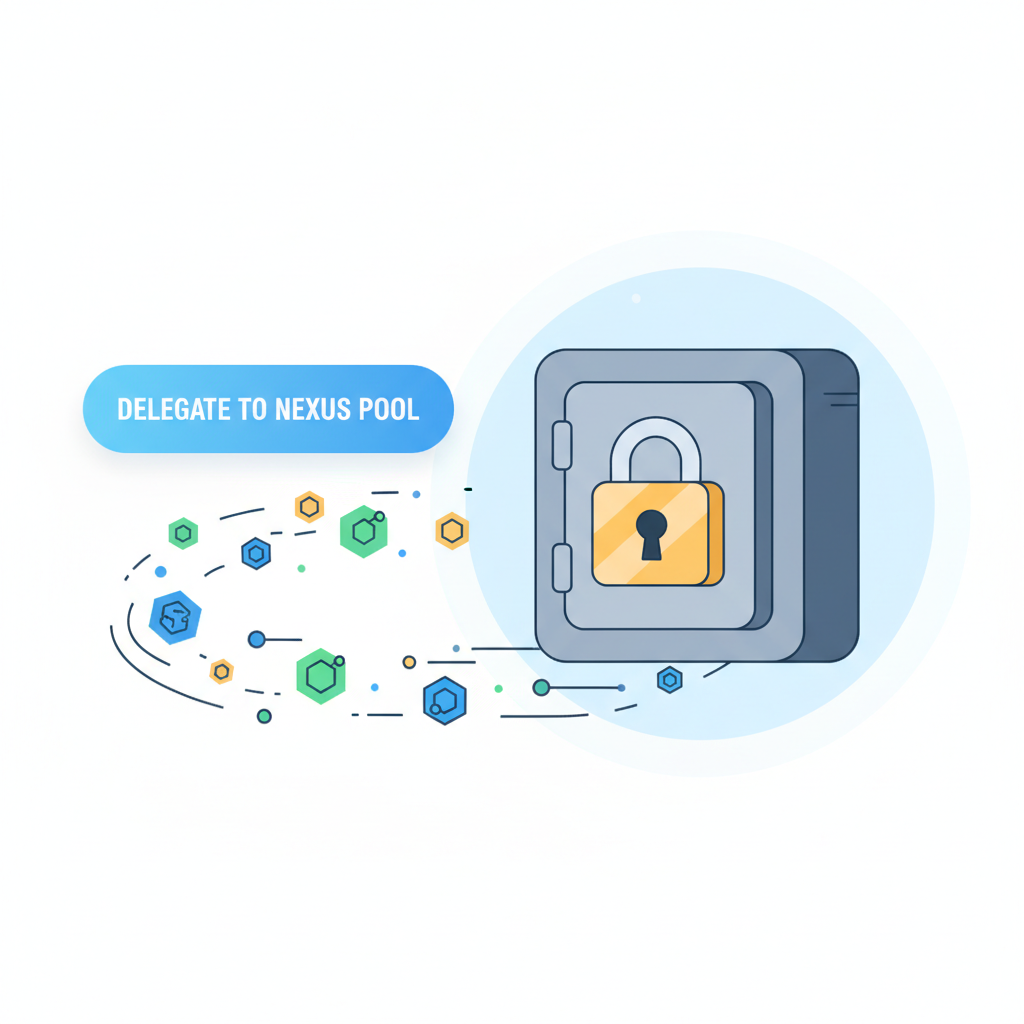 delegation button to Nexus pool, flowing tokens into vault, animated crypto flow, secure lock icon