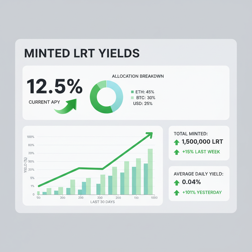 dashboard showing minted LRT yields, graphs and metrics, modern analytics UI, green upward trends