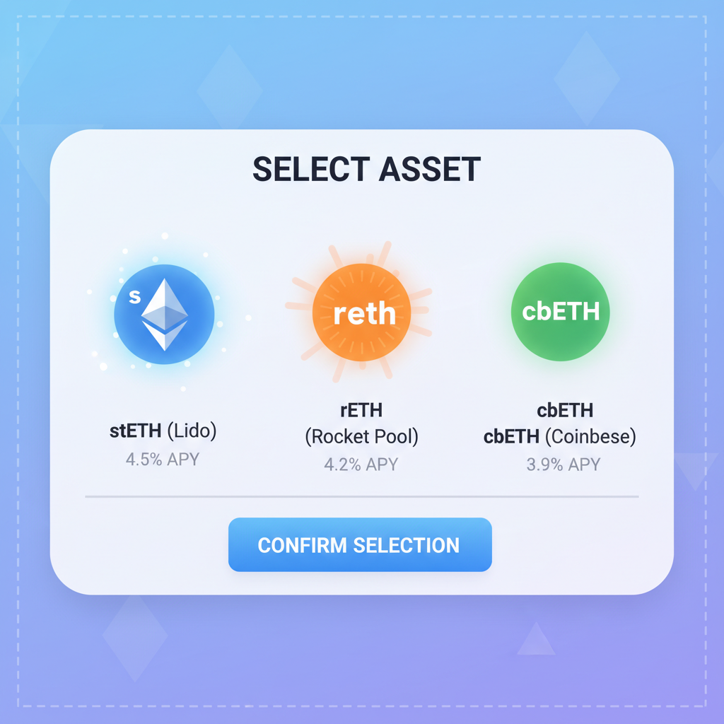 selection screen of LST tokens like stETH rETH, glowing crypto icons, clean DeFi interface