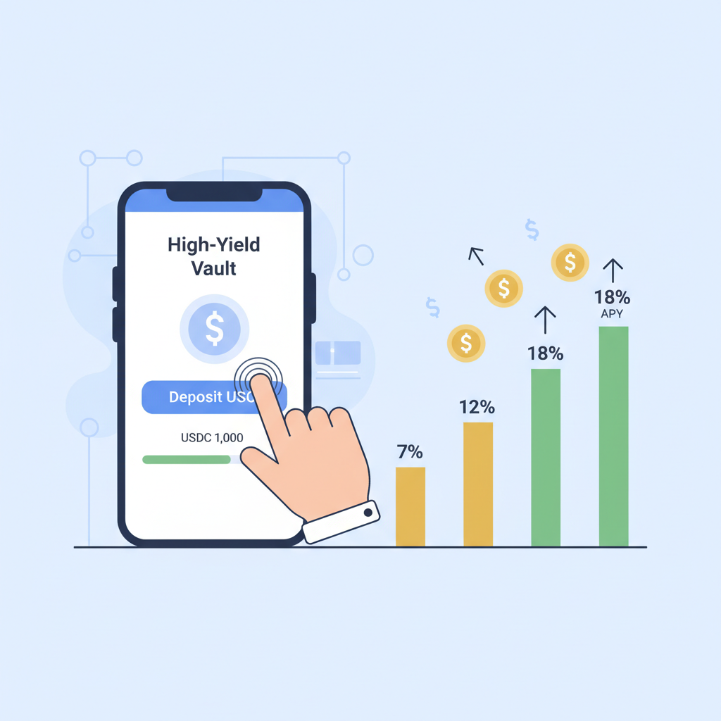 User depositing USDC into high-yield vault on app, percentage yield graphs rising, dollar signs