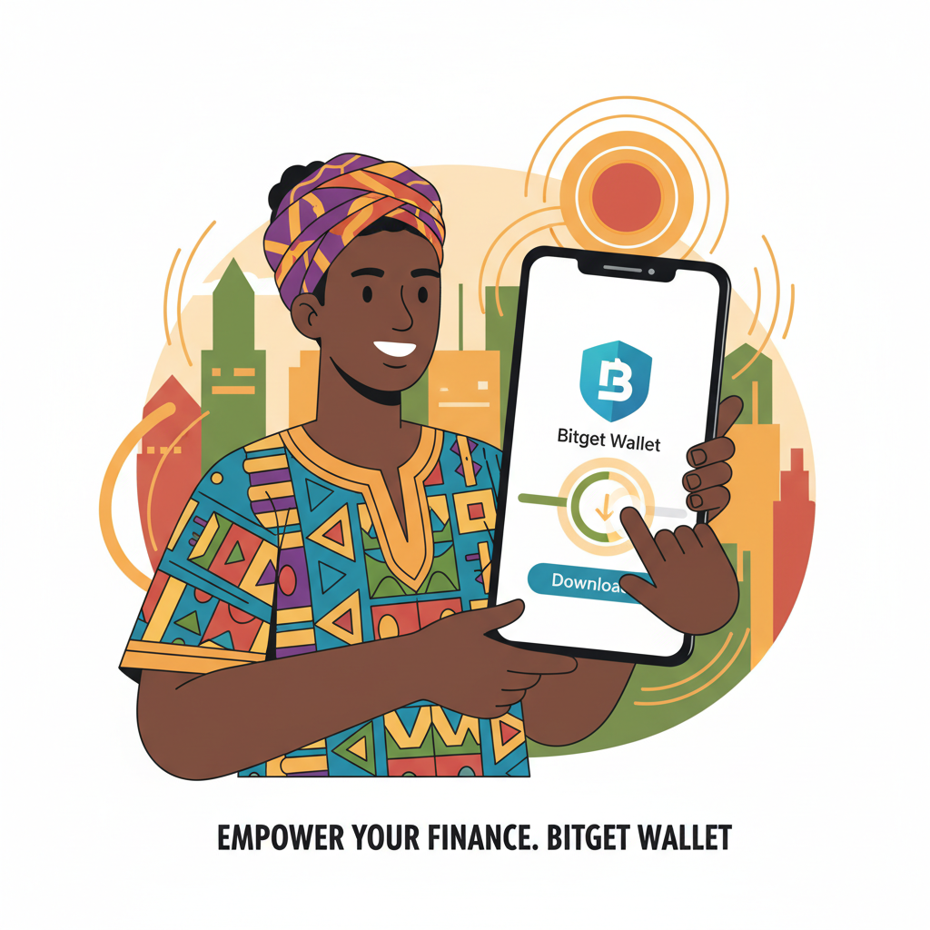 Nigerian user downloading Bitget Wallet app on smartphone, vibrant African colors, empowering vibe