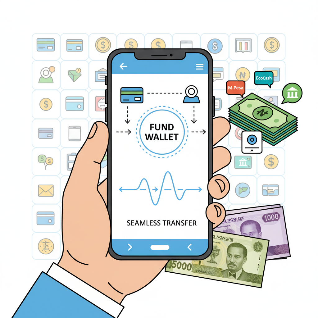 Hand holding phone funding wallet with mobile money icons, Naira notes, seamless transfer graphic
