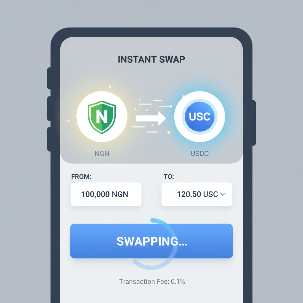 Mobile app screen swapping NGN to USDC, glowing stablecoin icons, quick exchange animation