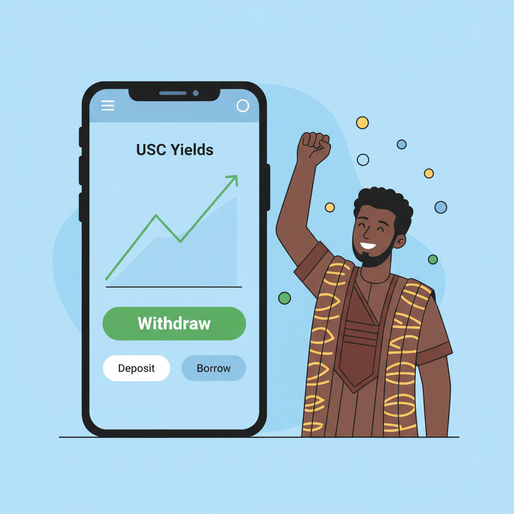 Dashboard on phone showing USDC yields chart, withdraw button, happy Nigerian user