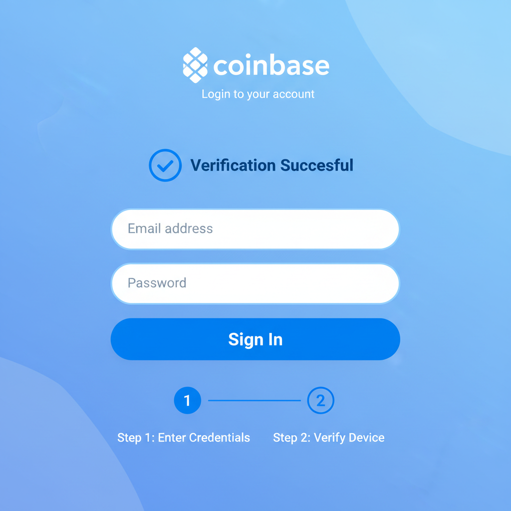 clean Coinbase login screen with verification checkmark, blue theme, simple UI