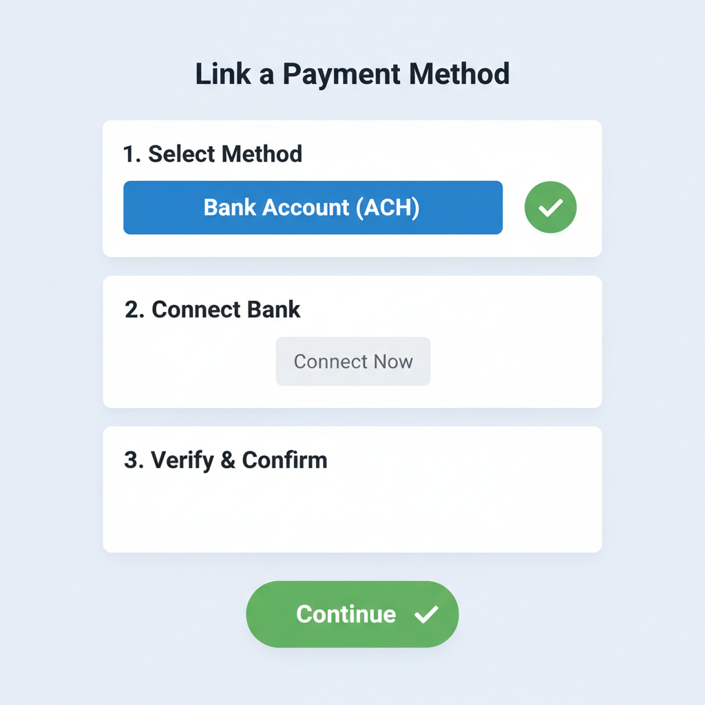 Coinbase payment methods screen linking bank ACH, green success indicator