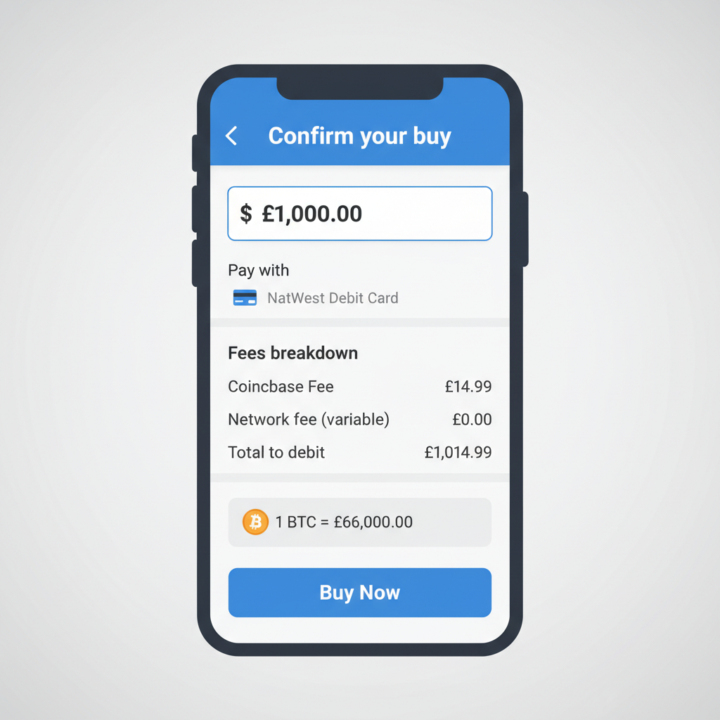 Coinbase buy confirmation with amount entry, fees breakdown, BTC price $66k