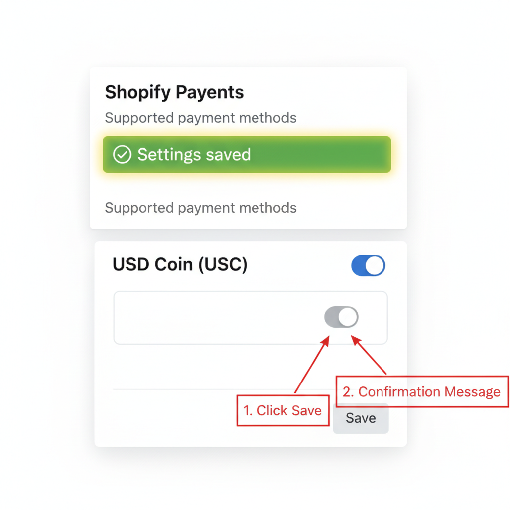 Realistic annotated screenshot Shopify admin save button confirmation for USDC settings, success message highlighted