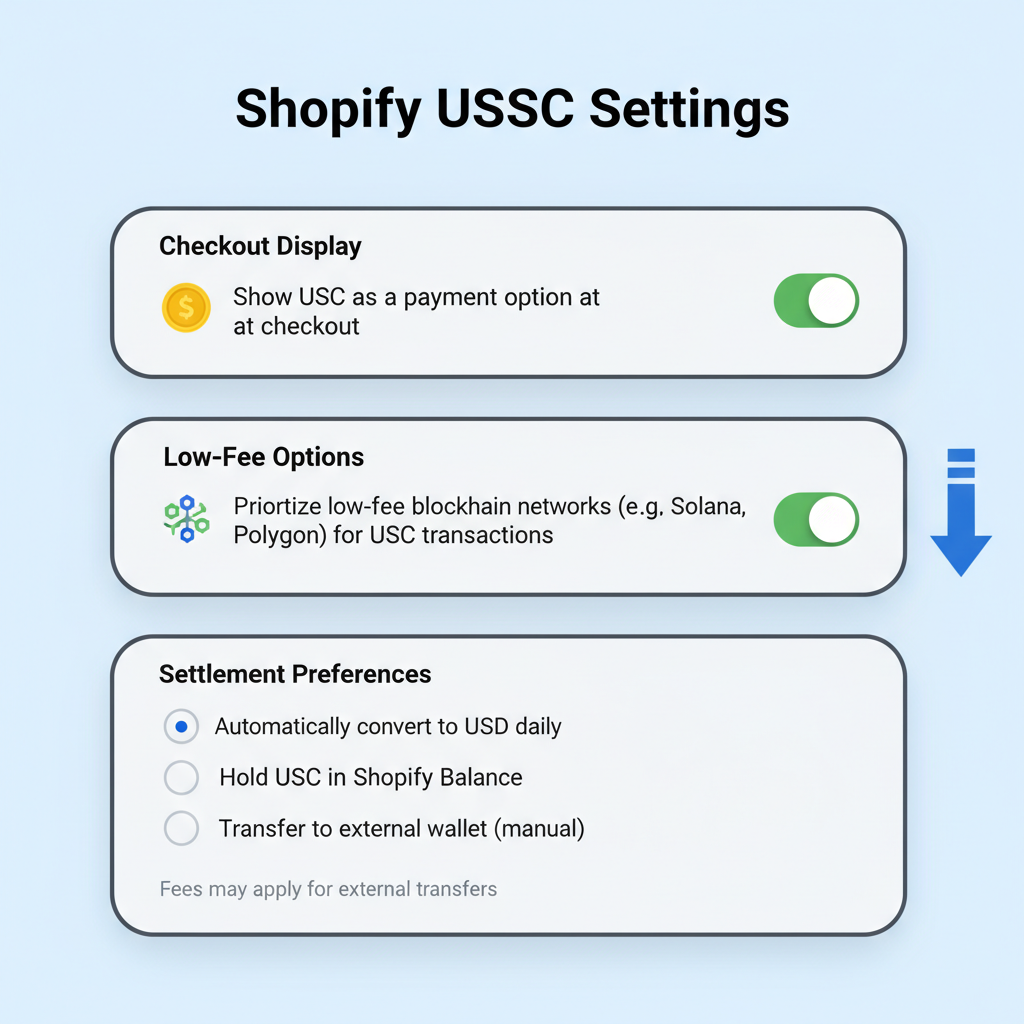 Shopify USDC settings panel screenshot, toggles for checkout display, low-fee options, settlement preferences checked, modern dashboard