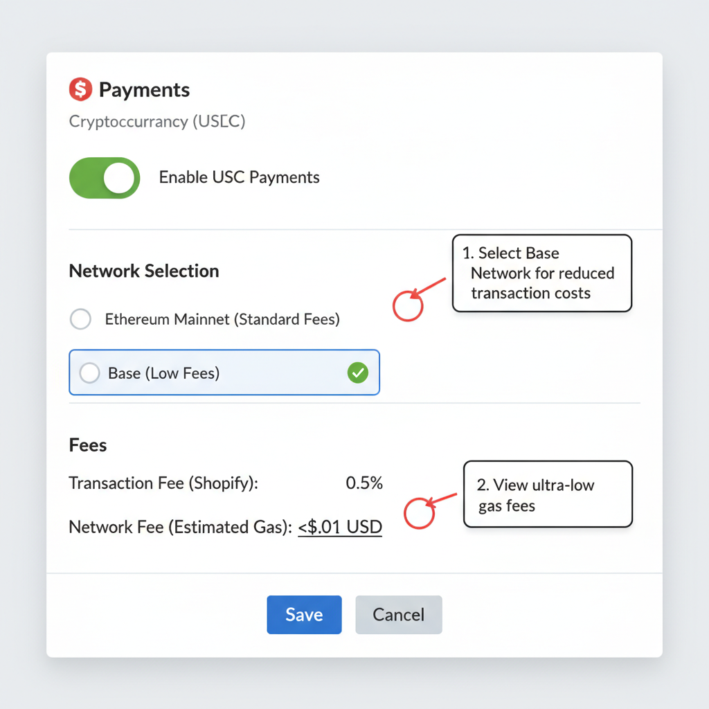 Realistic annotated screenshot Shopify admin USDC settings page, Base network low-fee option selected with fee breakdown annotation