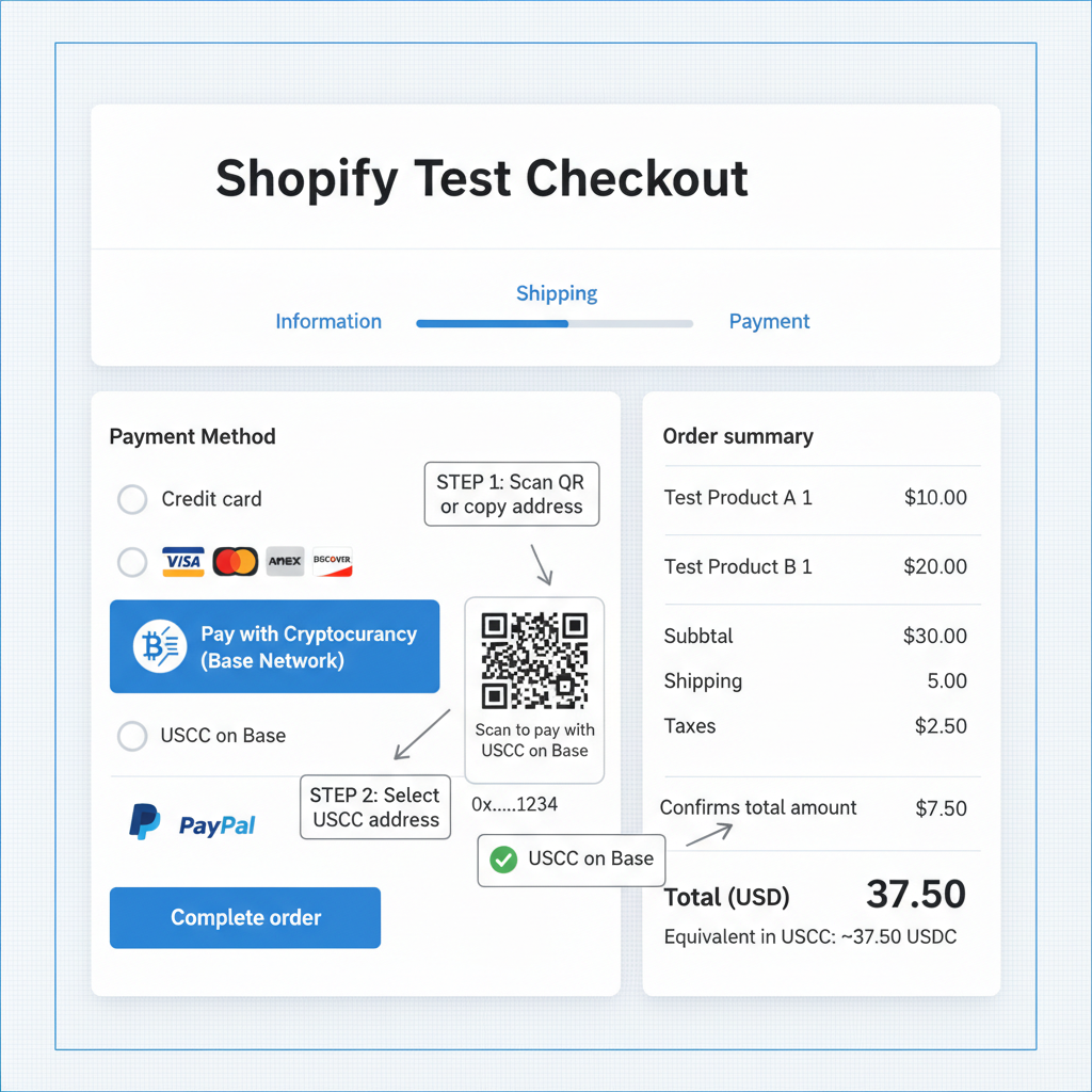 Realistic annotated screenshot of Shopify test cart checkout with prominent USDC option on Base, wallet QR code visible