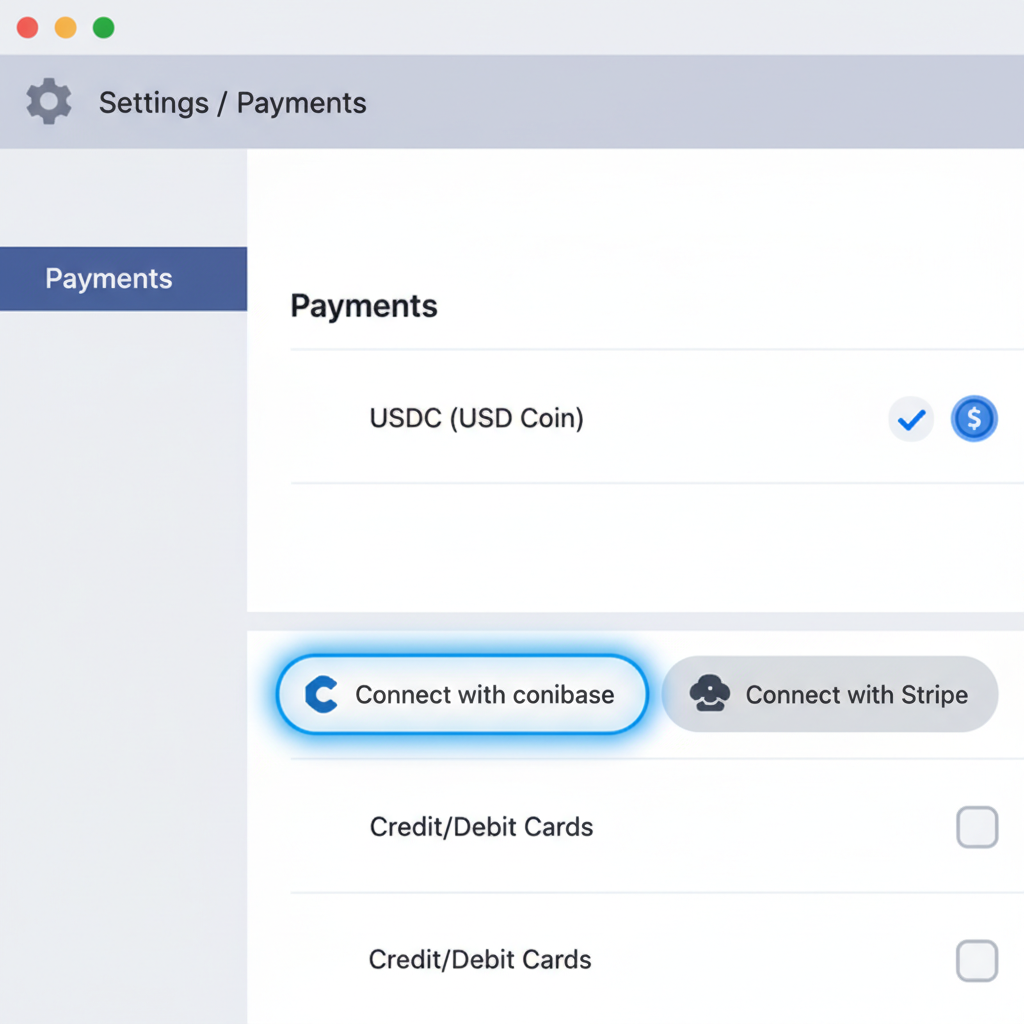 Shopify admin payments page screenshot, USDC option selected, Coinbase/Stripe connect button highlighted, clean interface 2026