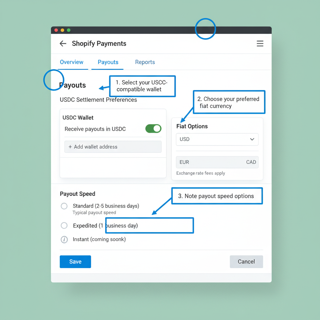 Realistic annotated screenshot Shopify payments USDC settlement preferences, wallet and fiat options highlighted with payout speed notes