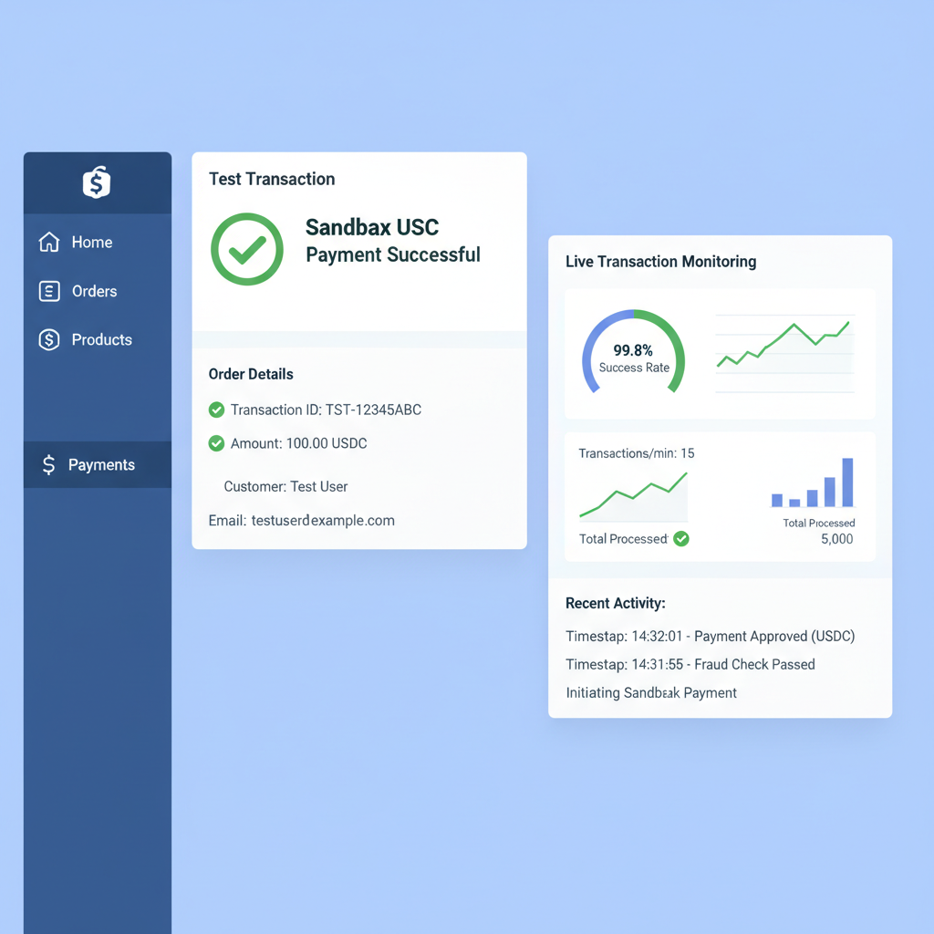 Shopify test transaction screen screenshot, sandbox USDC payment success, monitoring dashboard with live metrics, green checkmarks
