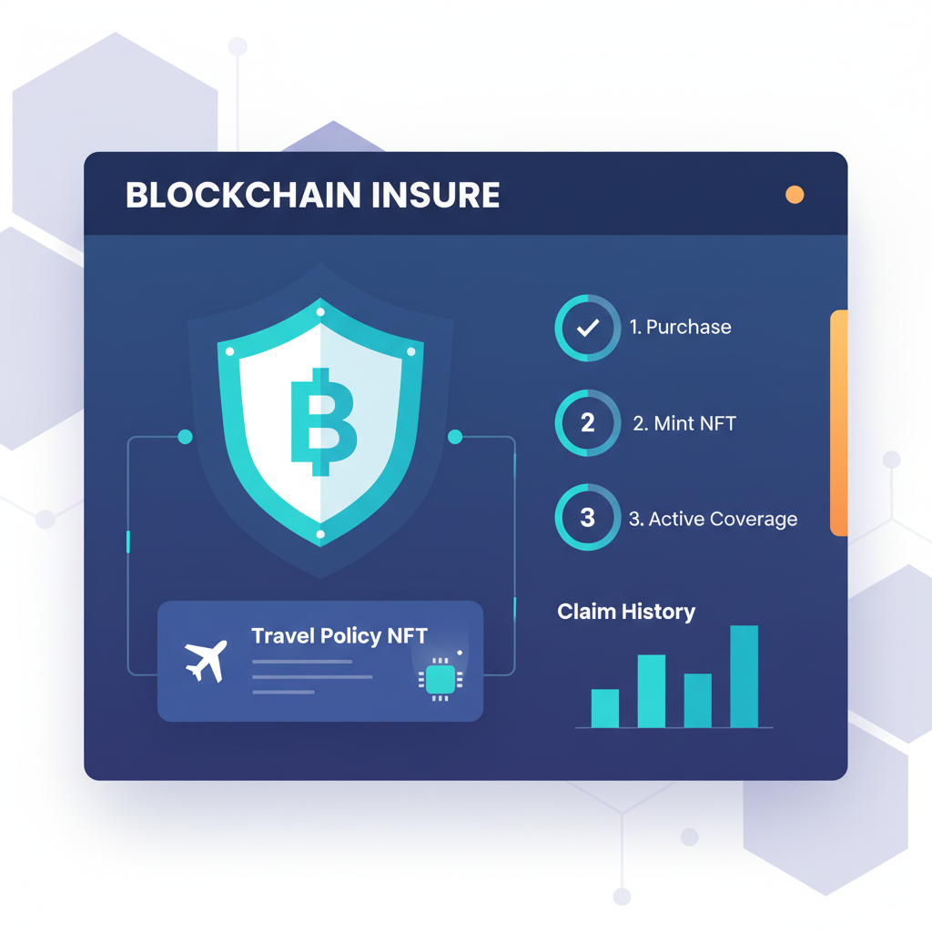 blockchain insurance dashboard with travel policy NFT, shield icon, futuristic