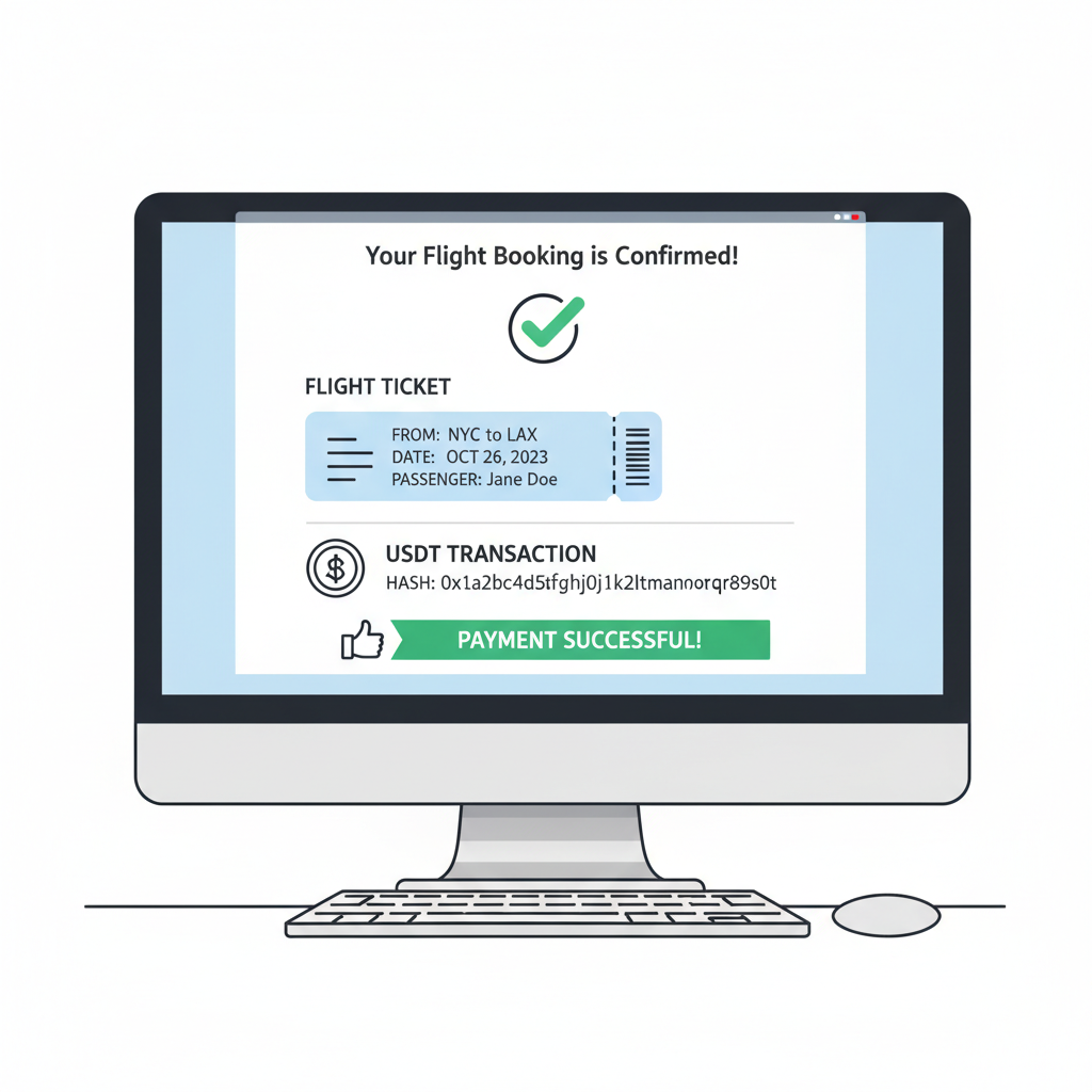email confirmation with flight ticket and USDT txn hash, success notification
