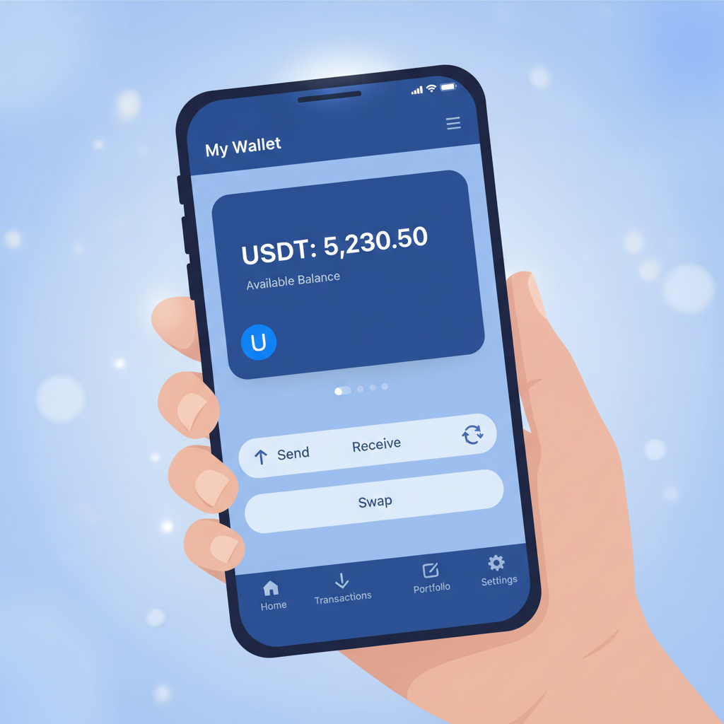 crypto wallet interface with USDT balance on phone screen, modern UI, blue tones