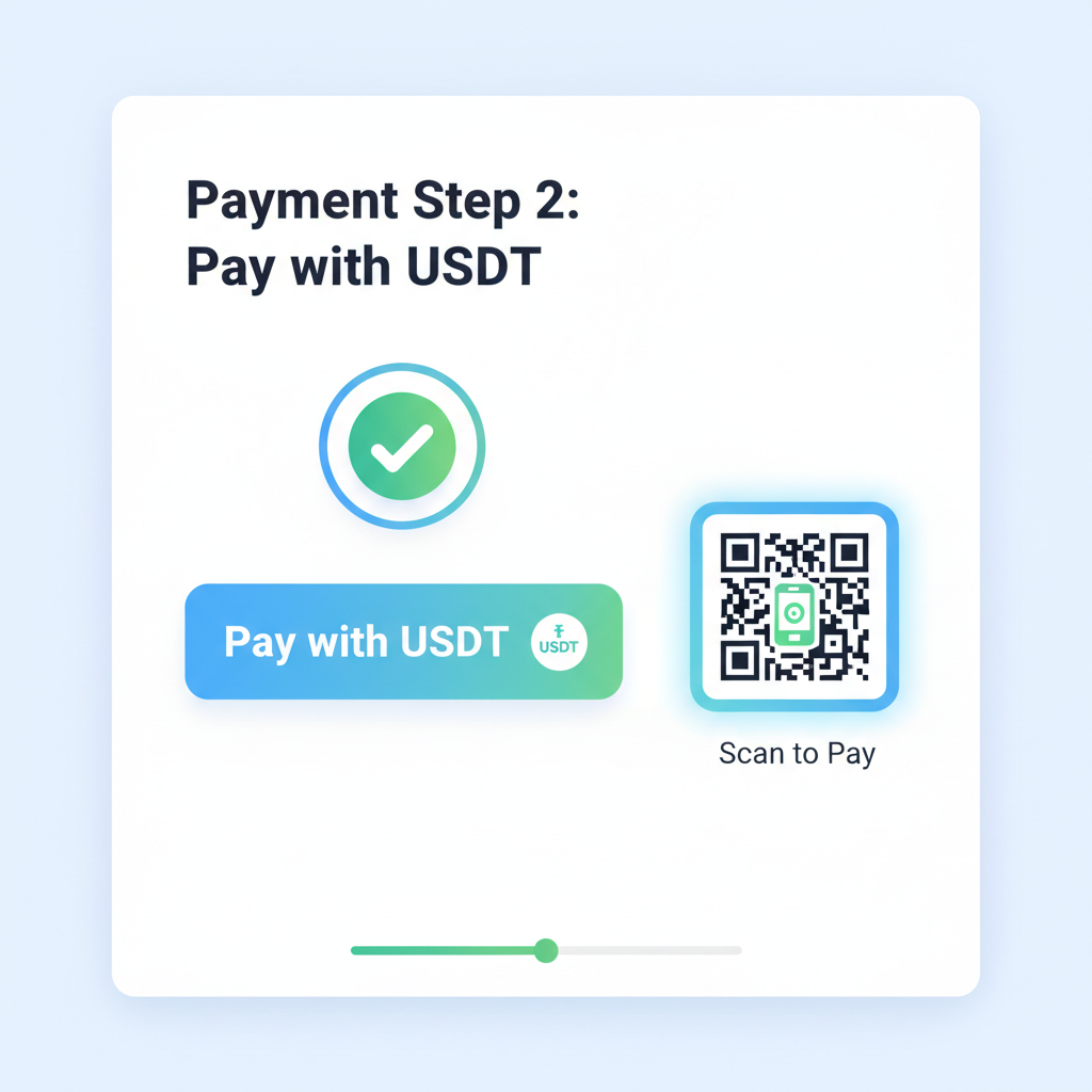 checkout page with USDT payment button, QR code scanner, green checkmark
