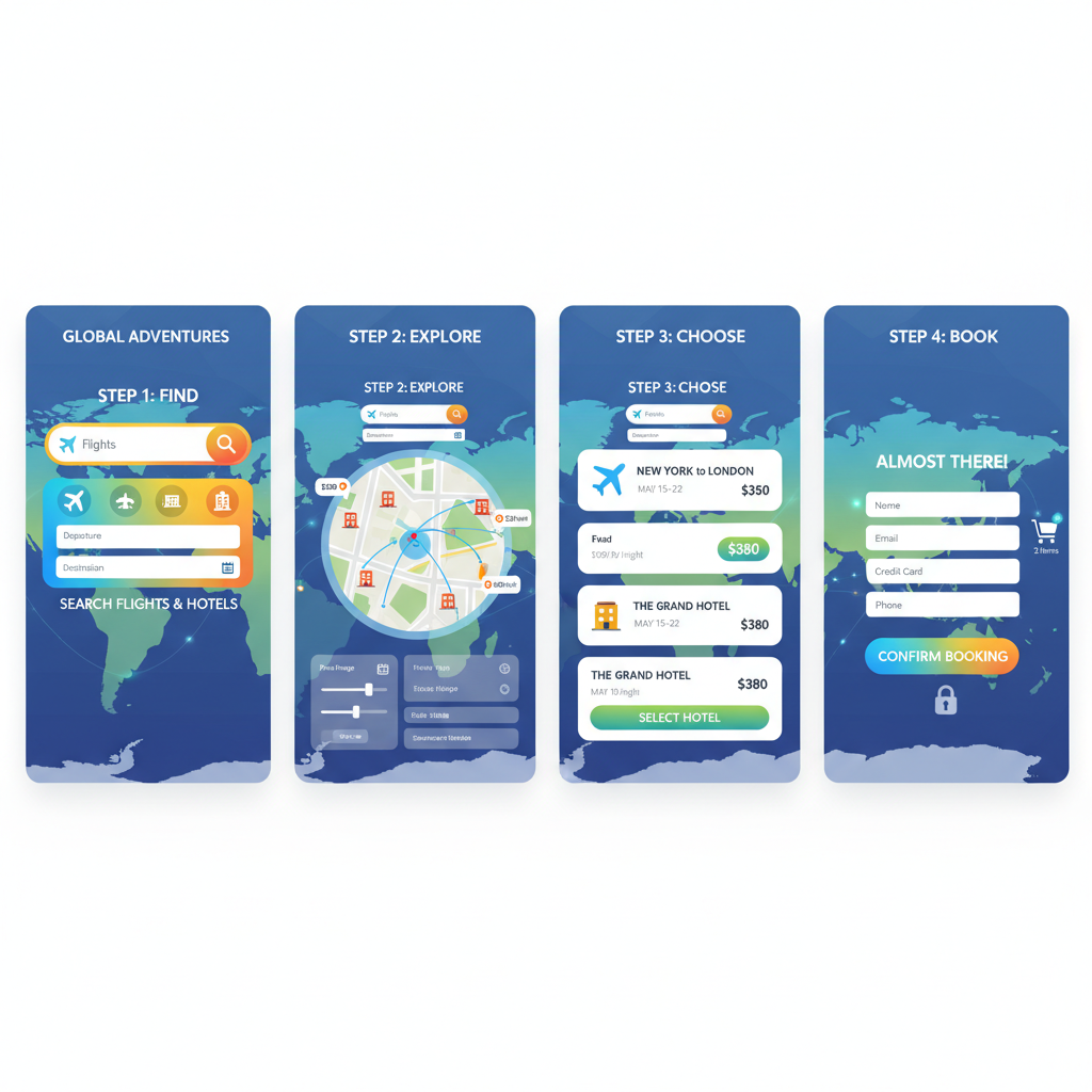 travel booking website search for flights hotels, map background, vibrant colors