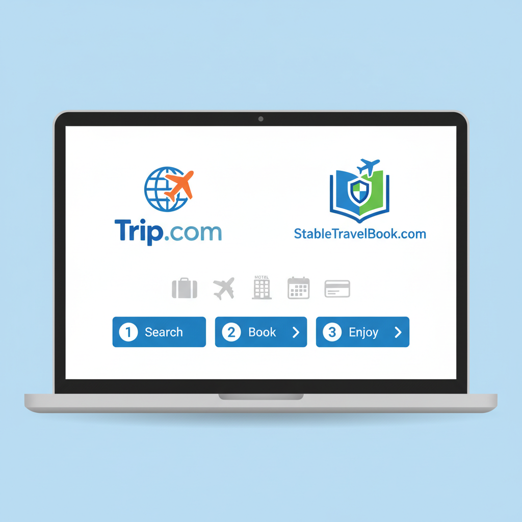 laptop screen showing Trip.com and StableTravelBook.com logos side by side, travel icons