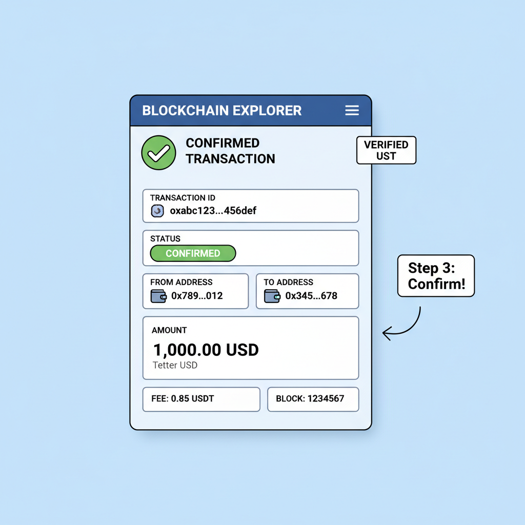 blockchain explorer screen showing verified USDT txn, green confirmed status