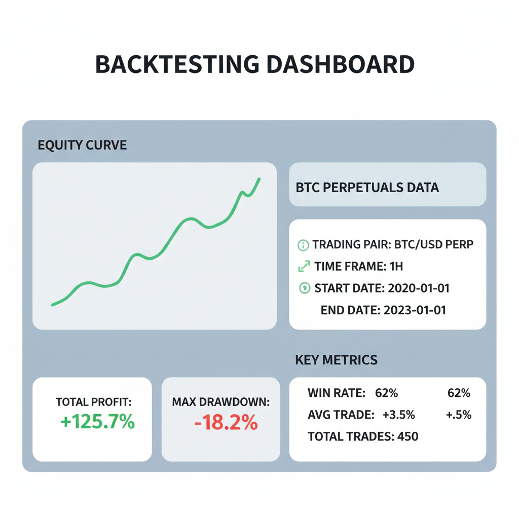 backtesting dashboard with equity curve chart profits drawdown BTC perps data