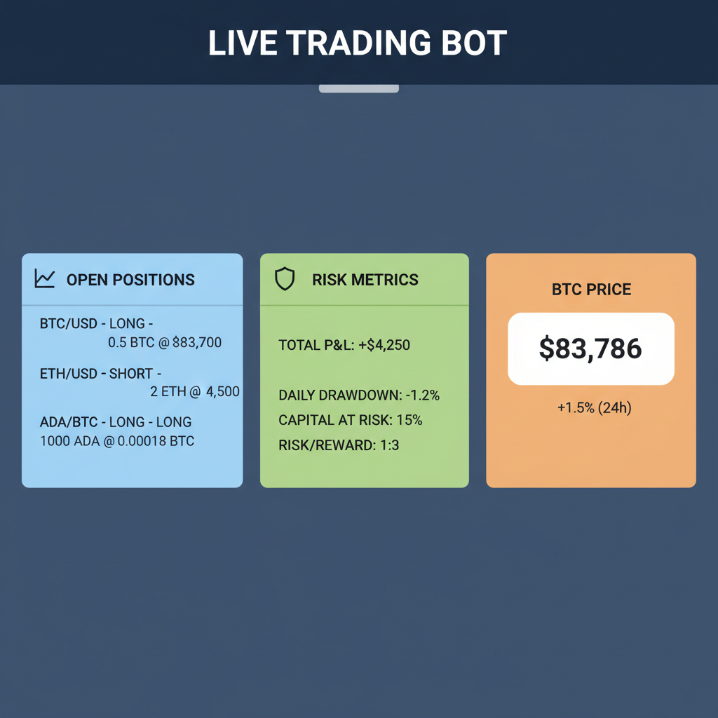 live trading bot dashboard showing open positions risk metrics BTC at $83,786