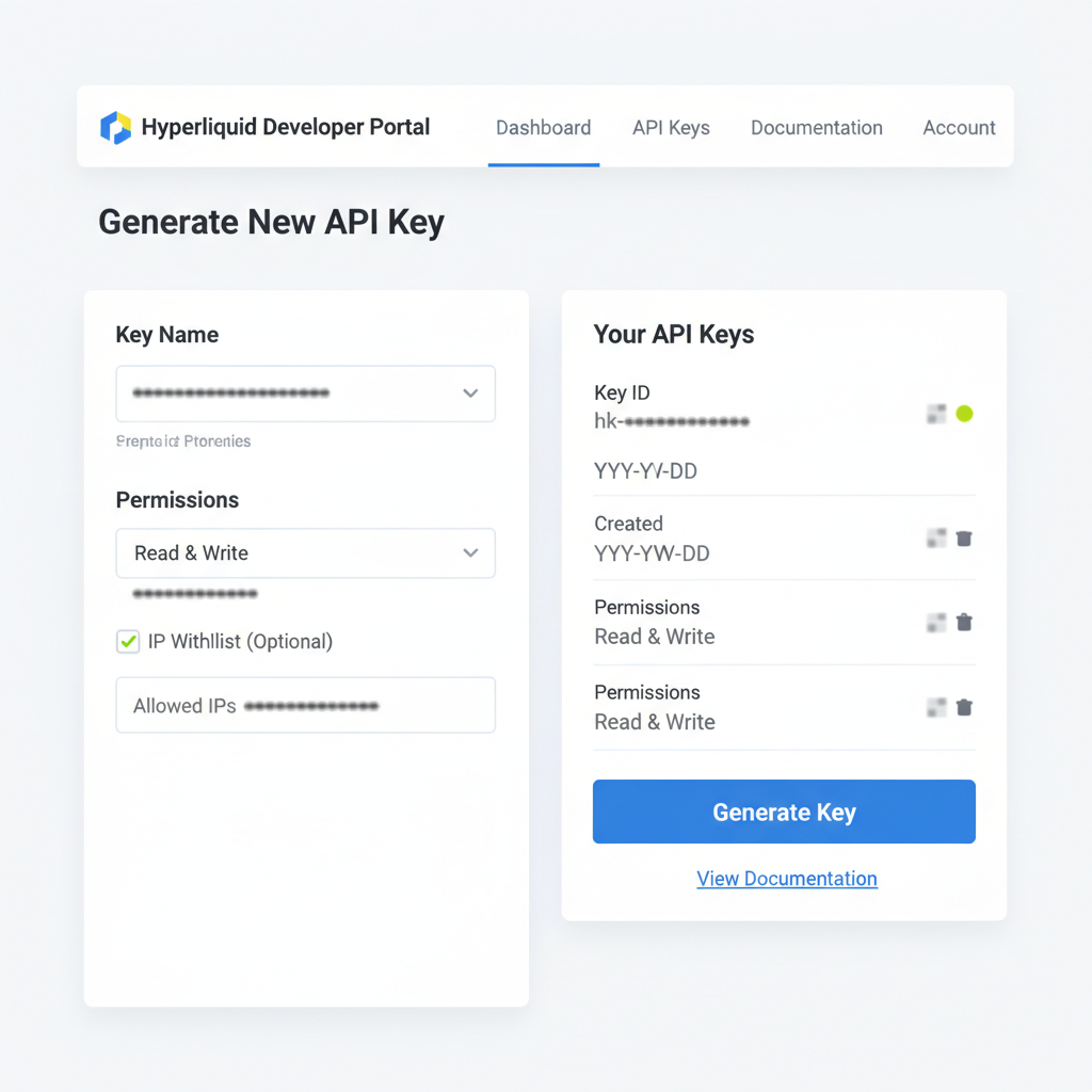 clean screenshot of Hyperliquid API key generation dashboard with blurred sensitive info