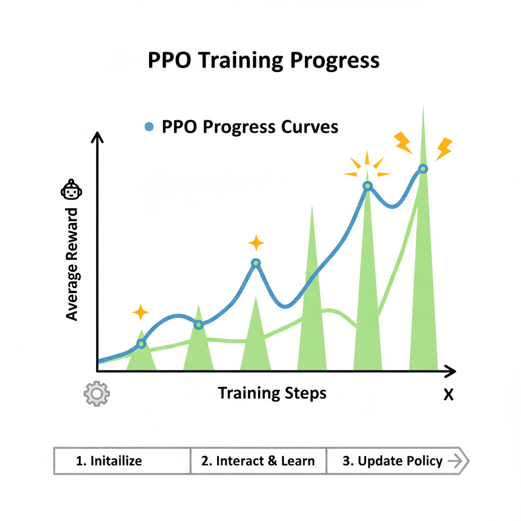 neural network training graph with PPO progress curves and reward spikes
