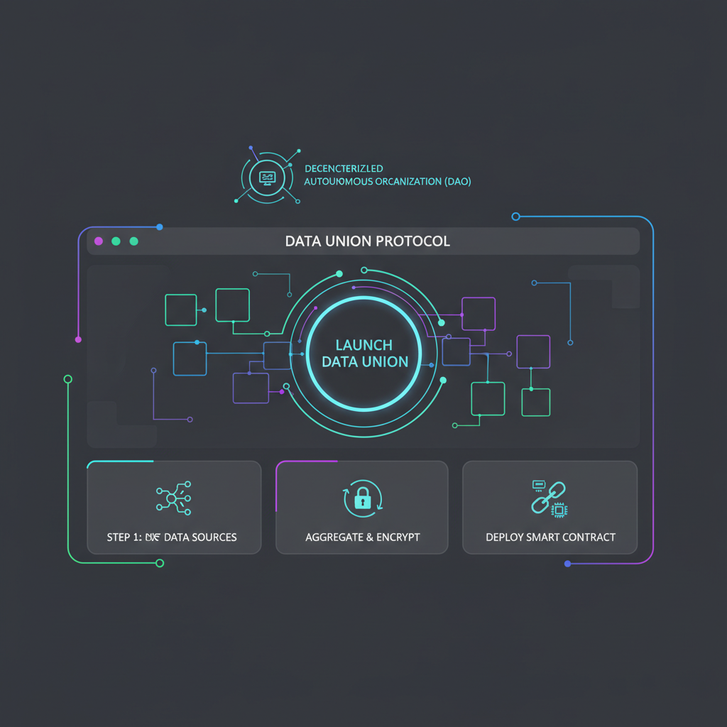 futuristic dashboard launching data union, neon UI, blockchain elements