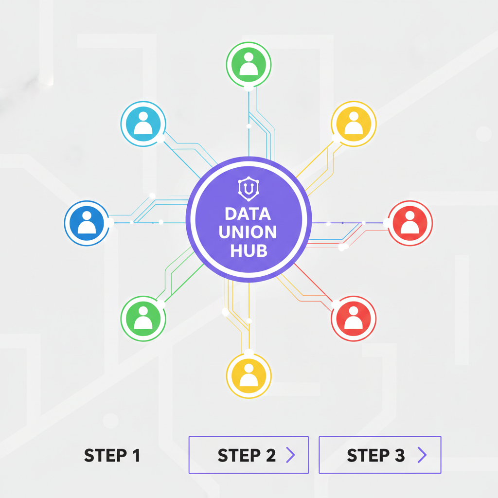 network of people icons connecting to central data union hub, vibrant links