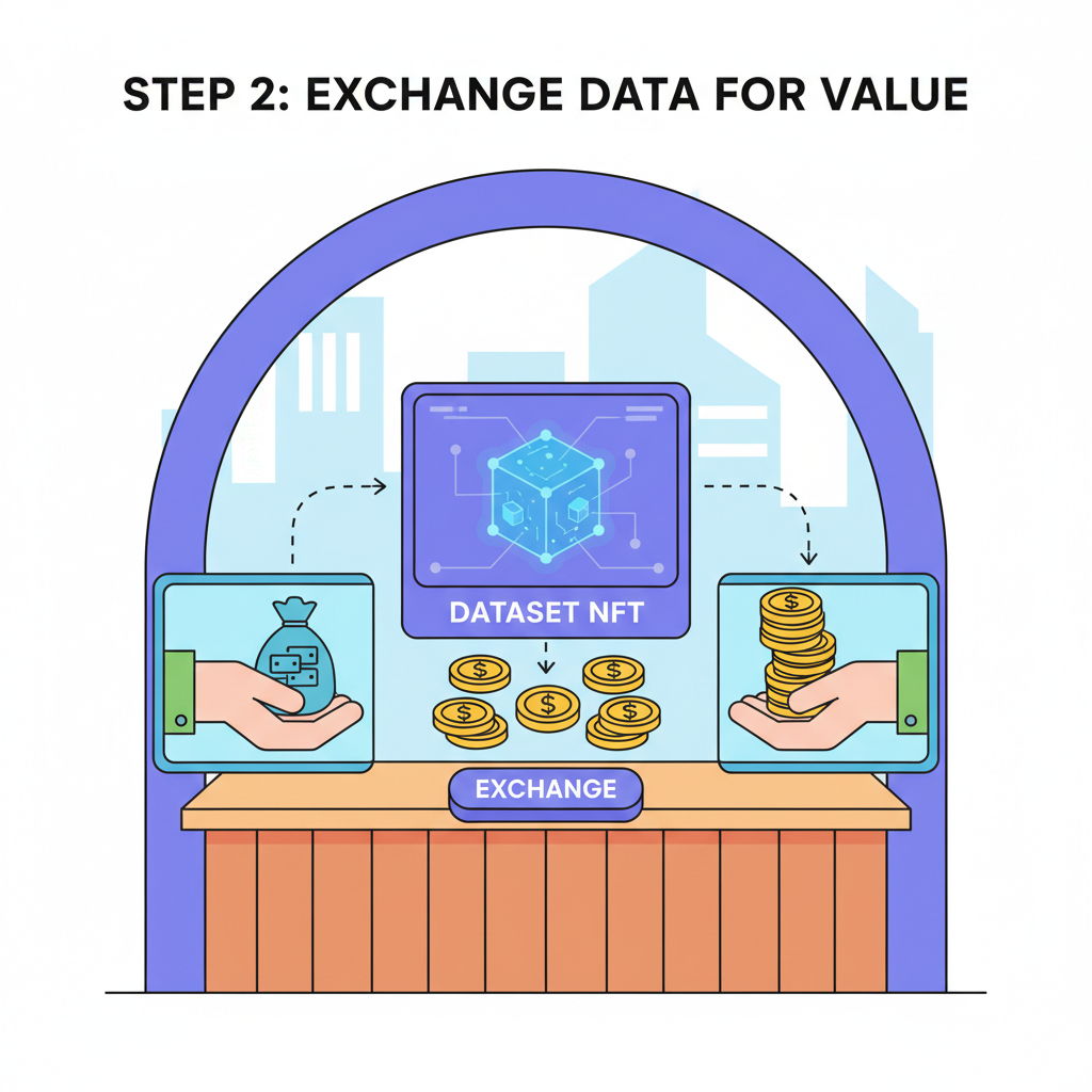 digital marketplace stall with dataset NFT, USDC coins exchanging