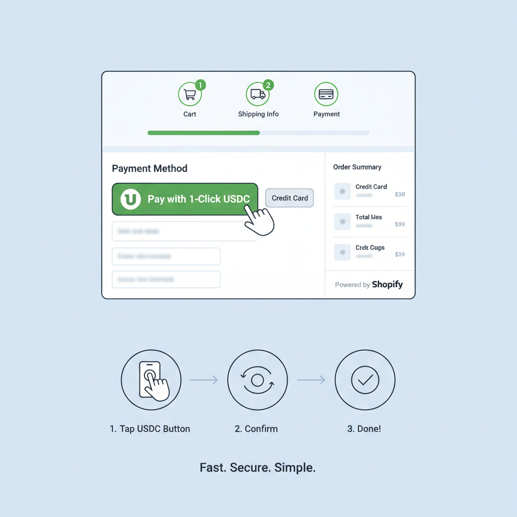 Shopify checkout page with prominent one-click USDC button