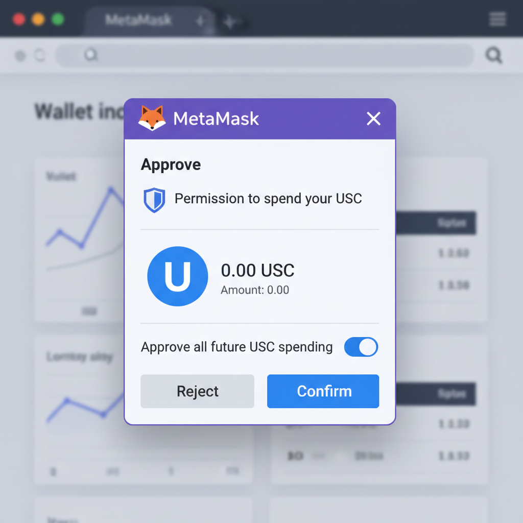 MetaMask popup approving USDC transaction, wallet interface