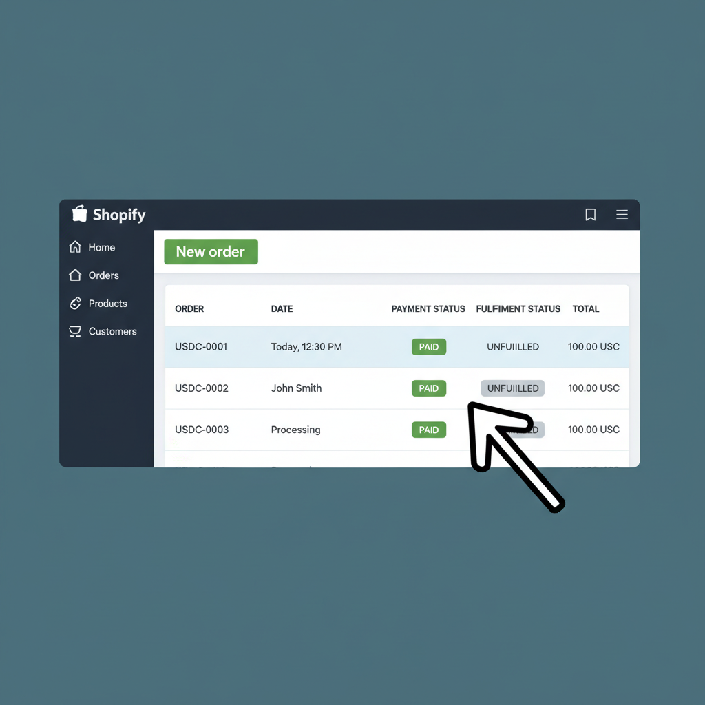 Shopify admin orders list showing new USDC order