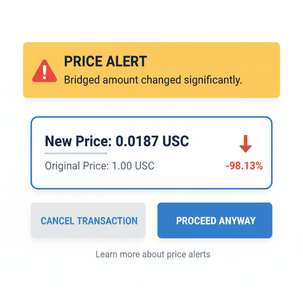 Error recovery UI showing $0.0187 USDC bridged price alert