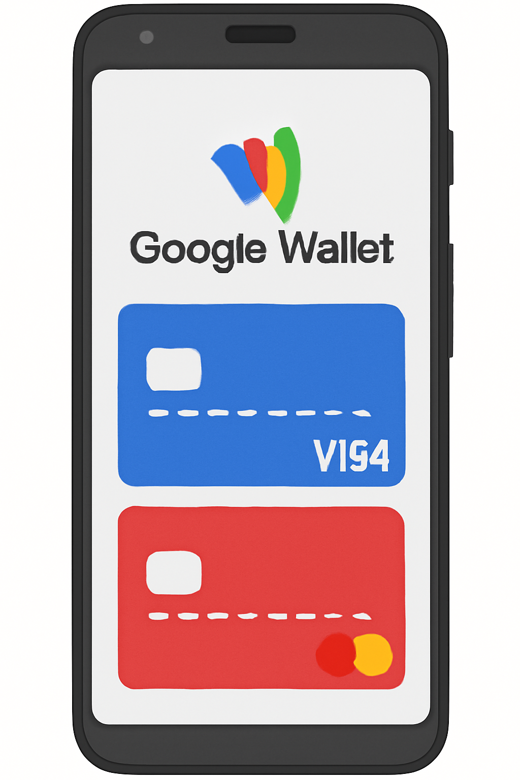 Android phone screen showing Google Wallet app with Visa and Mastercard cards added