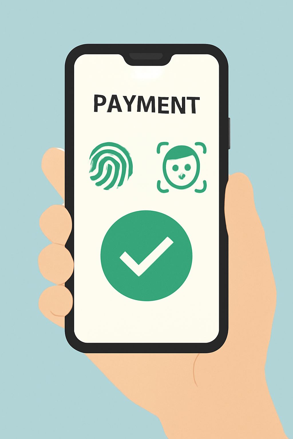 Android phone with fingerprint or face scan animation confirming payment