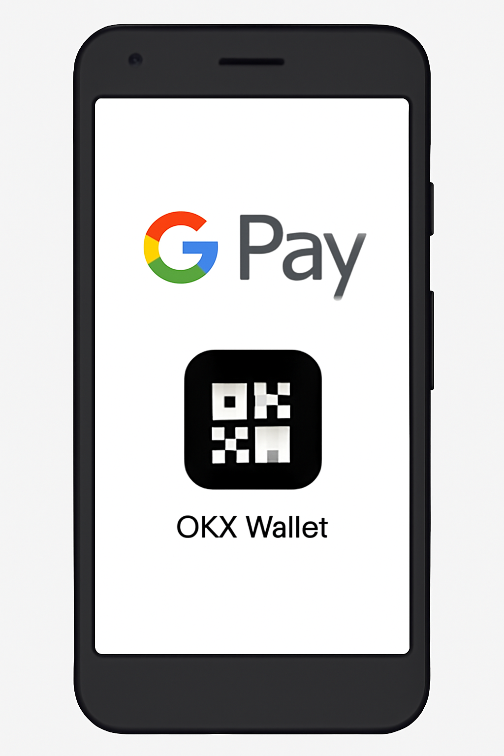Android smartphone displaying Google Pay logo with OKX Wallet app icon