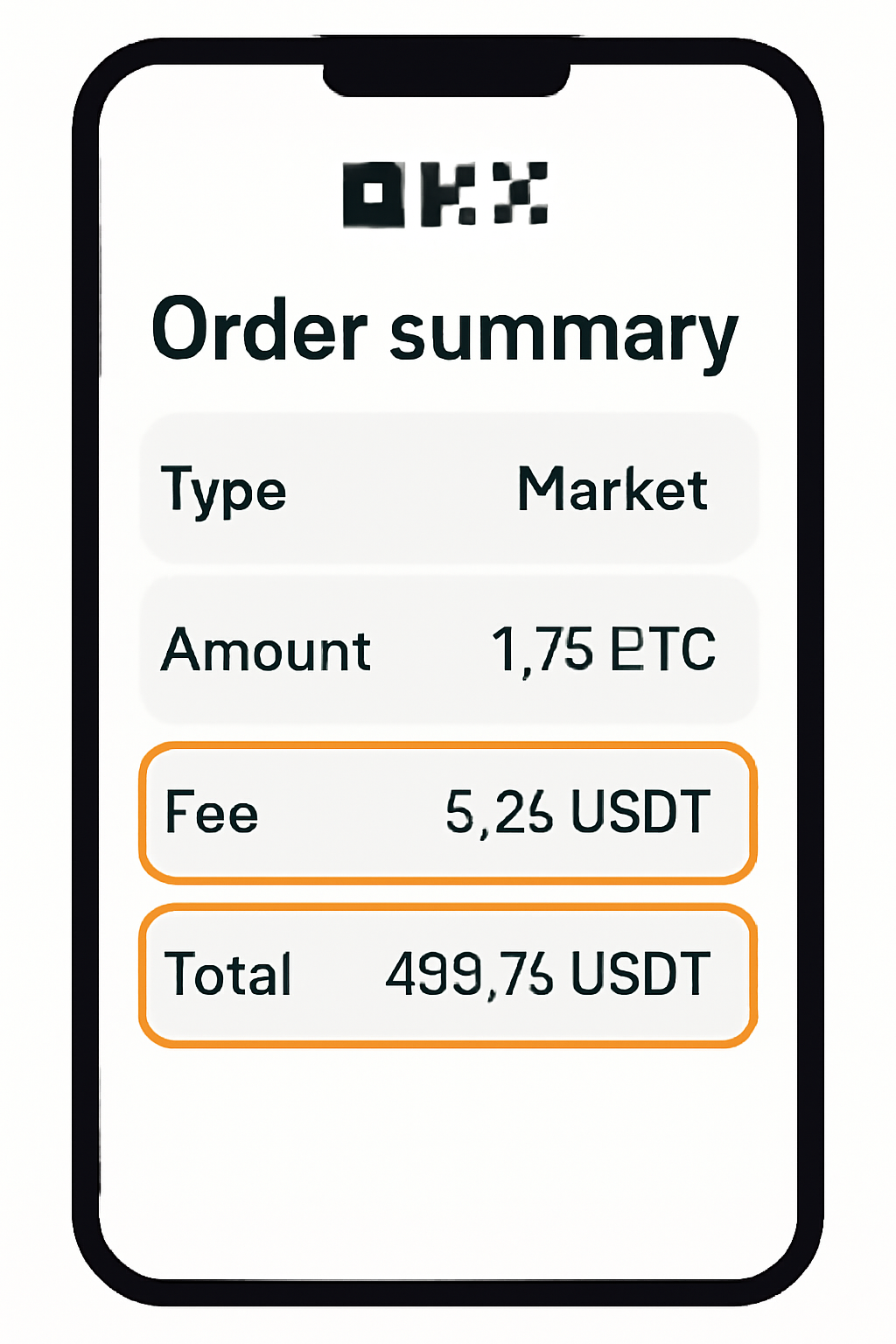 Order summary screen in OKX app with fees and total highlighted
