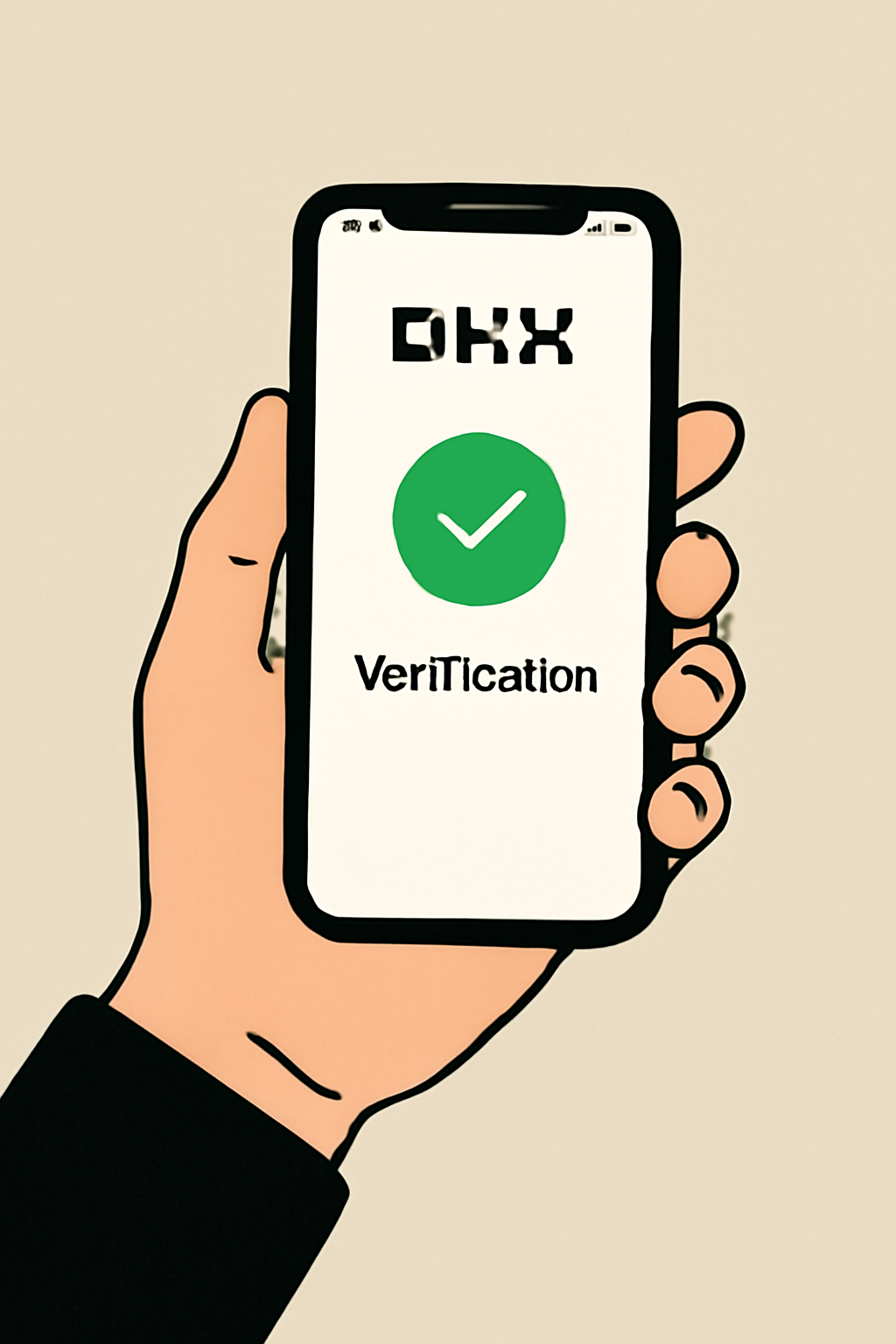 User holding phone with OKX app open, showing verification checkmark