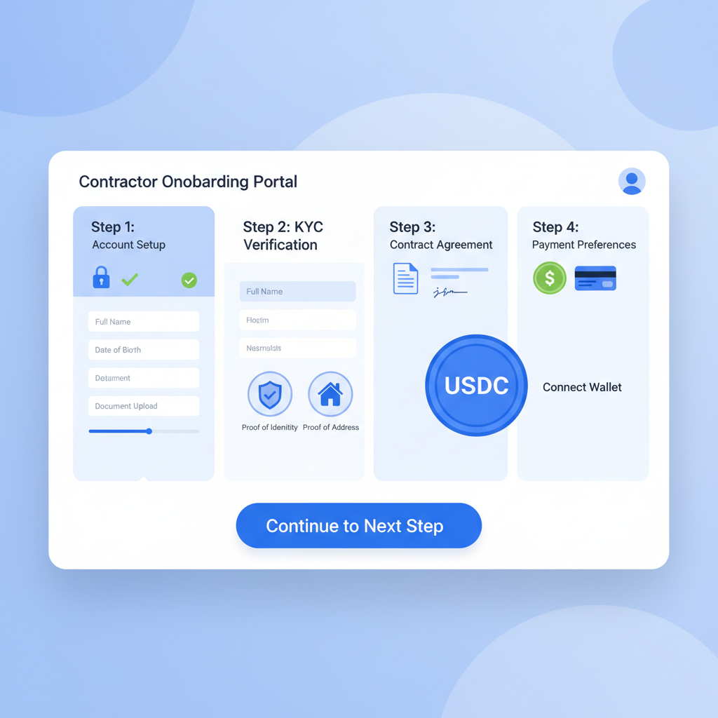 professional digital dashboard for contractor onboarding with KYC forms and USDC icons, clean blue tones