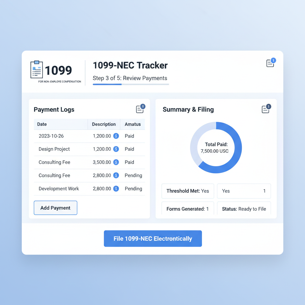 dashboard showing 1099-NEC form tracking with payment logs and USDC symbols, modern UI