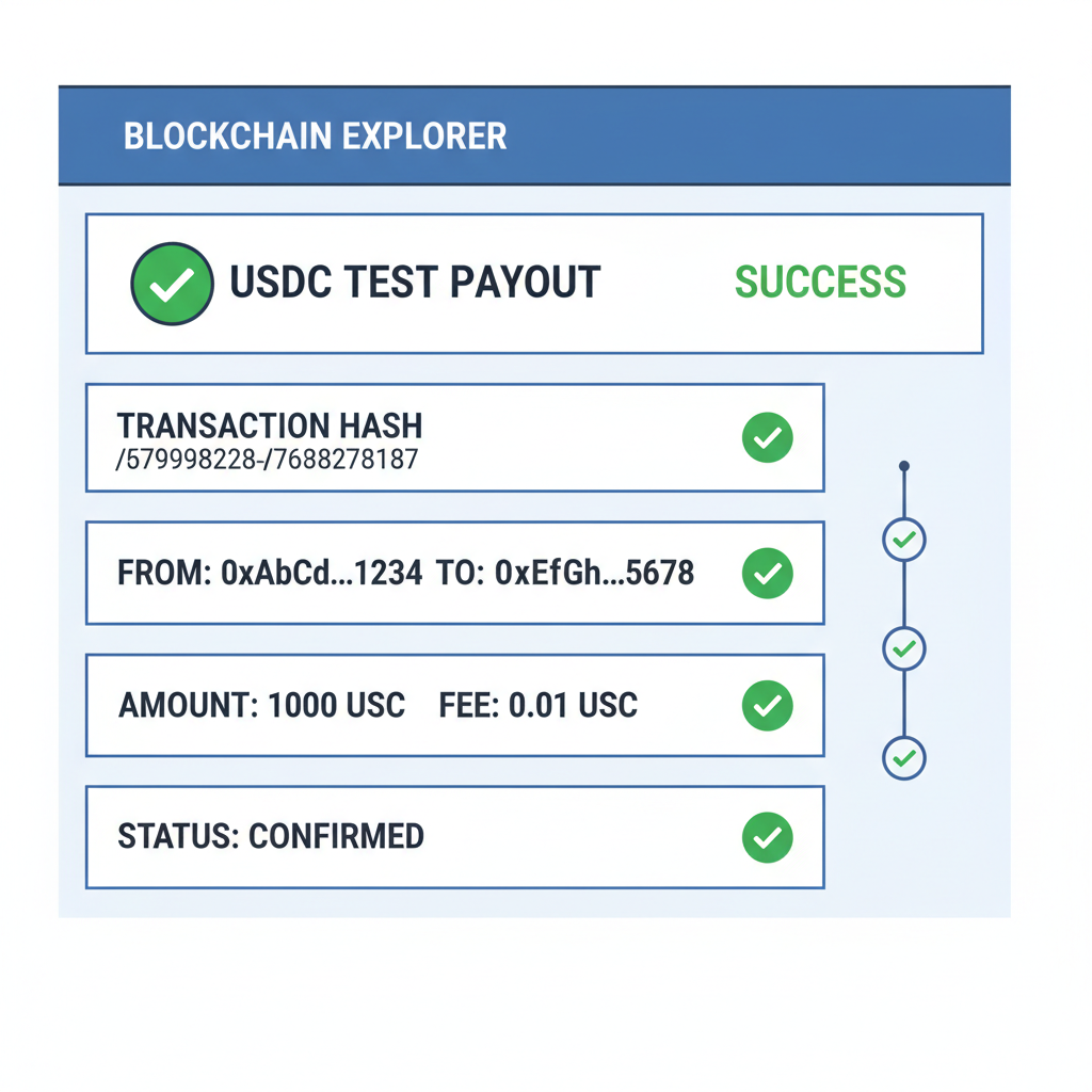 simulation of USDC test payout on blockchain explorer, success checkmarks, tech interface