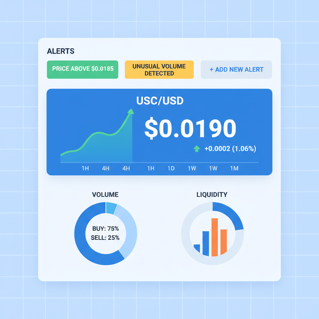 real-time USDC price chart at $0.0190 with monitoring dashboard, graphs and alerts