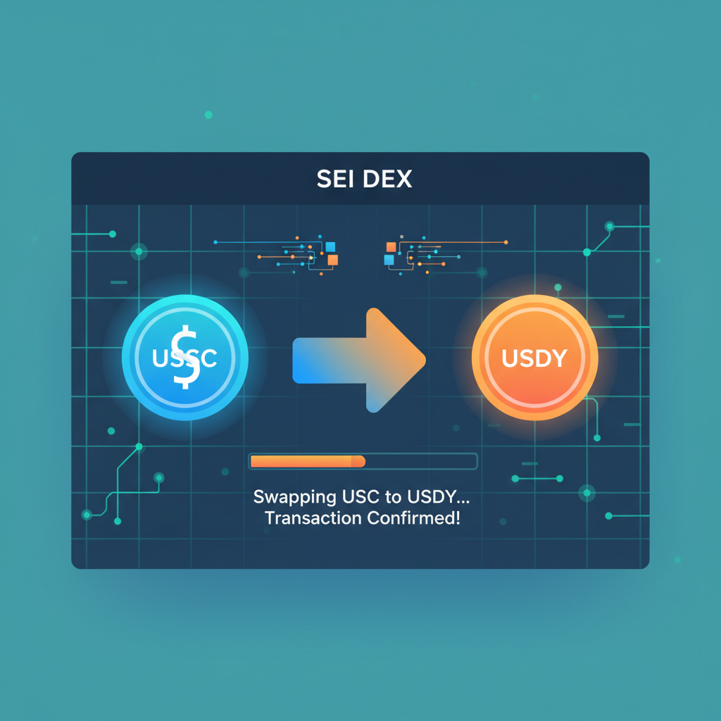Swapping USDC to USDY on Sei DEX interface, glowing tokens transferring, high-speed blockchain visualization