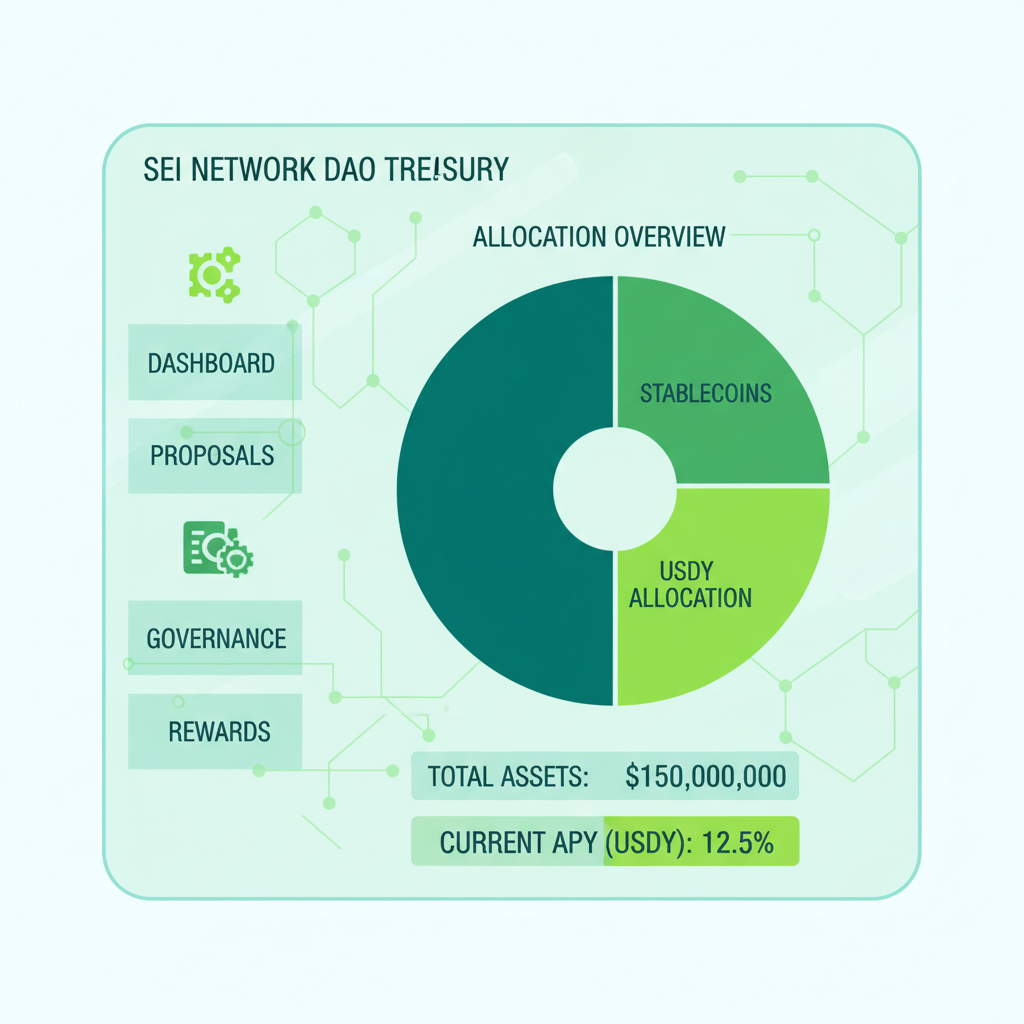 DAO treasury dashboard showing stablecoins and USDY allocation pie chart on Sei Network, futuristic blockchain interface, motivational green tones