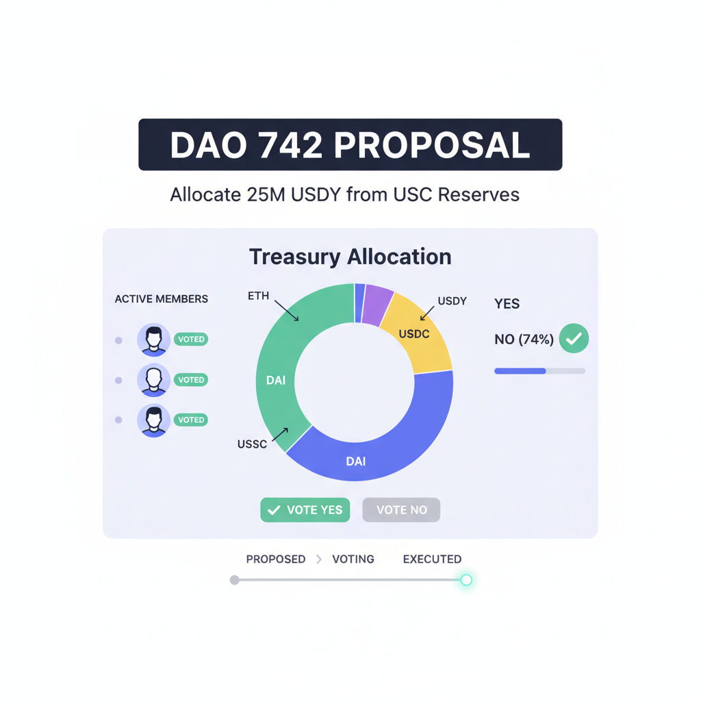 DAO members voting on USDY allocation proposal, on-chain governance screen with treasury pie shifting to USDY